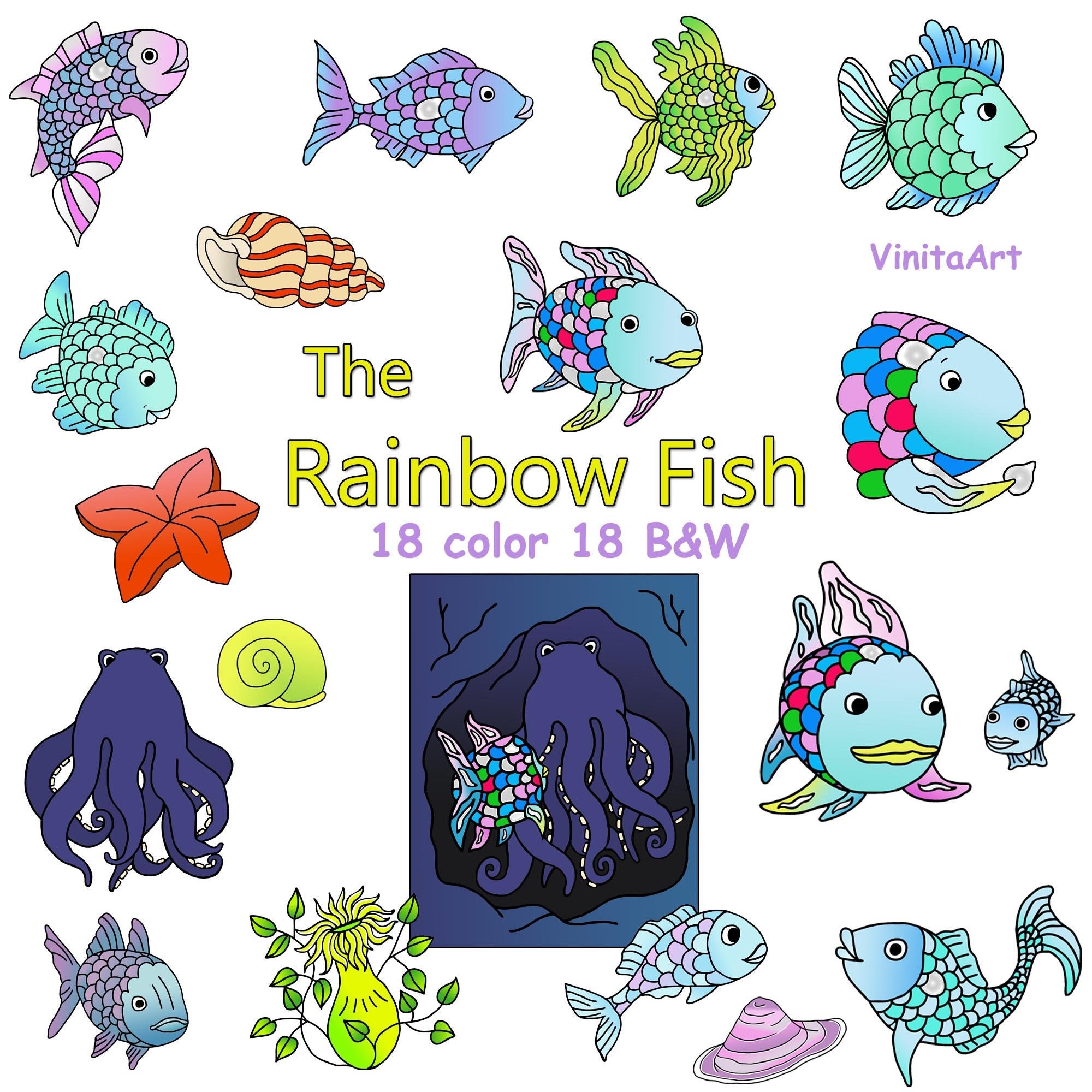 The rainbow fish story book clip art printable digital stamps underwater ocean fish kid crafts coloring pages teacher props instant download