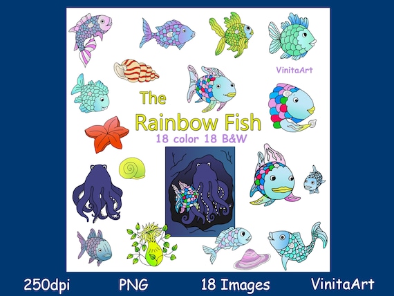 The rainbow fish story book clip art printable digital stamps underwater ocean fish kid crafts coloring pages teacher props instant download