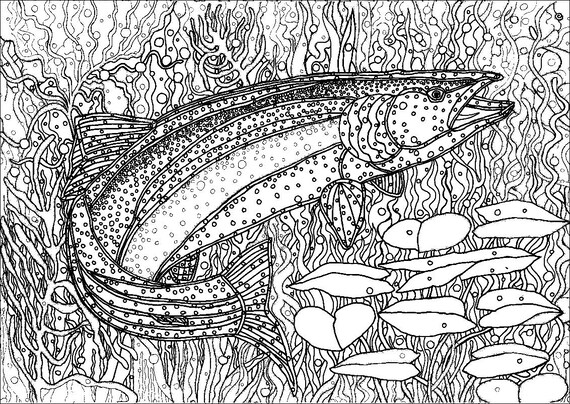 Wyoming wildlife rainbow trout fish outdoors nature printable adult coloring book page instant download zentangle pdf kraft color meditation