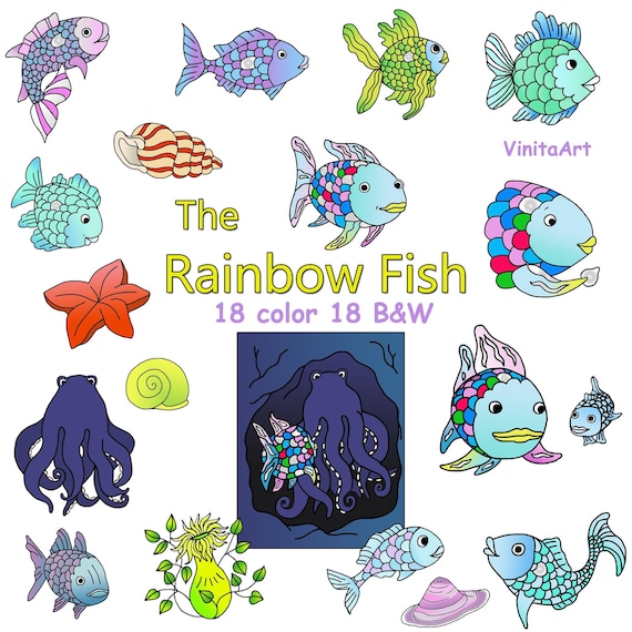 The rainbow fish story book clip art printable digital stamps underwater ocean fish kid crafts coloring pages teacher props instant download