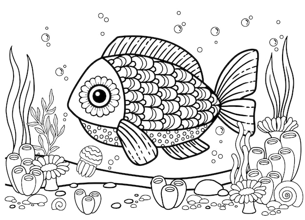 Premium vector coloring book page for adult fish with detailed pattern isolated on white background mandalas design line art design