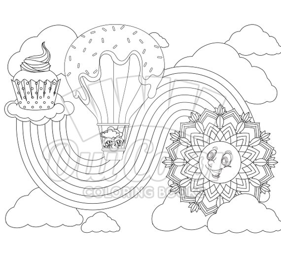 Printable adult coloring pages rainbow sun cloud rainbow coloring pack no instant download