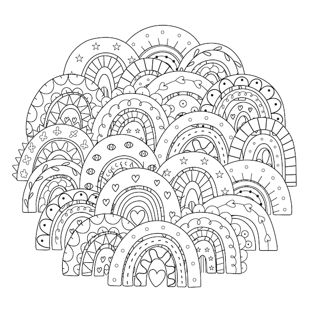 Premium vector doodle rainbows circle shape coloring page hand drawn mandala with fantasy background for coloring