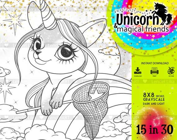 Coloring page unicorn rainbow stars printable coloring sheets girls birthday favour cute animals grayscale art digital jpg download now