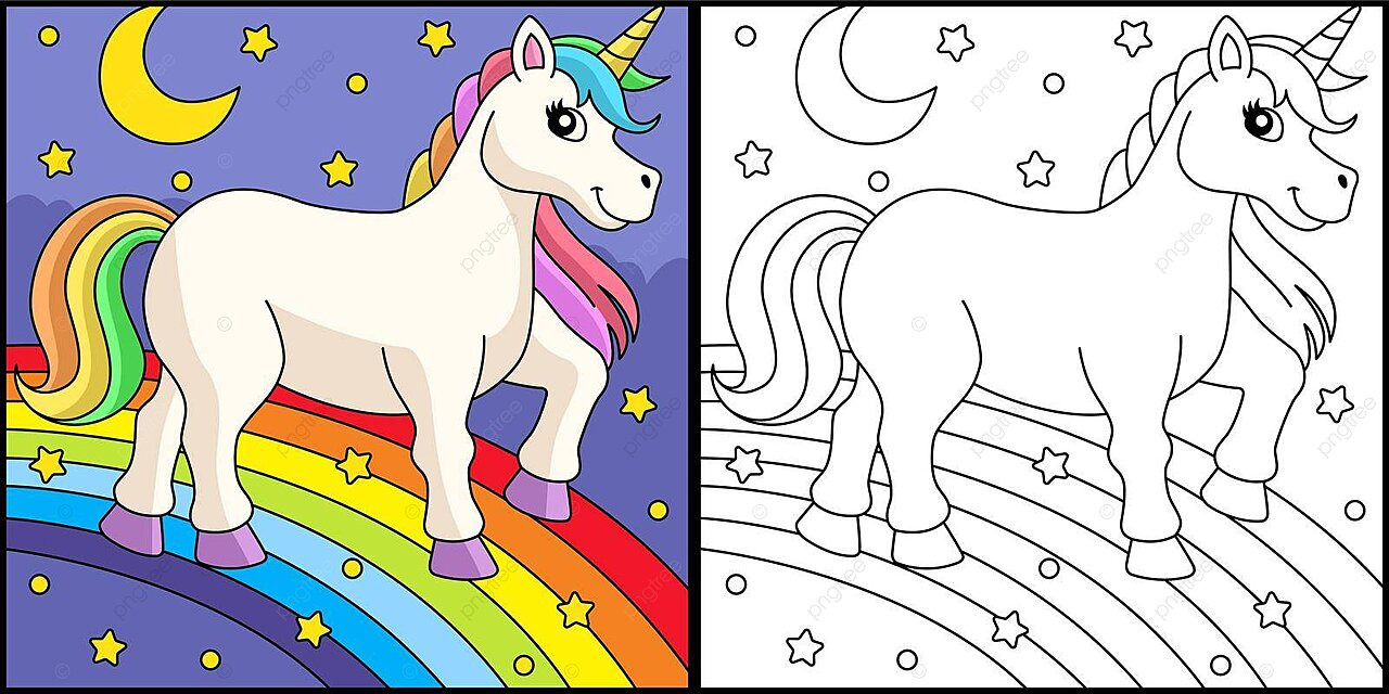 Unicorn walking on the rainbow coloring page colour image hand drawn vector unicorn drawing rainbow drawing rain drawing png and vector with transparent background for free download