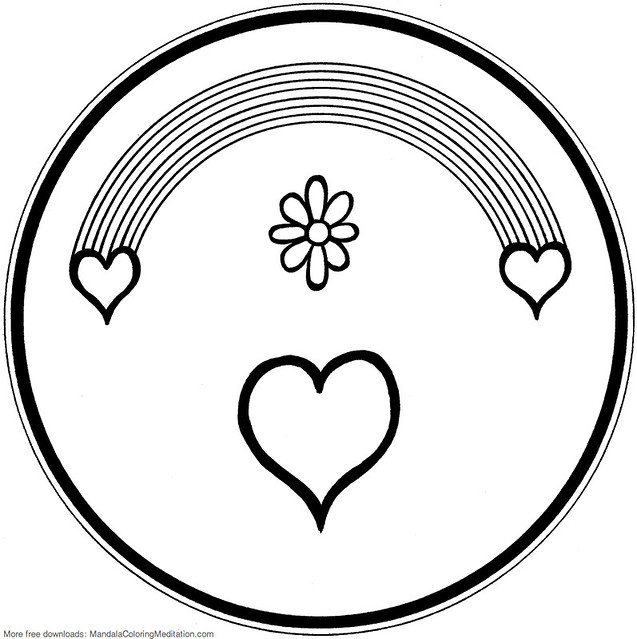 Printable children coloring page rainbow heart mandala