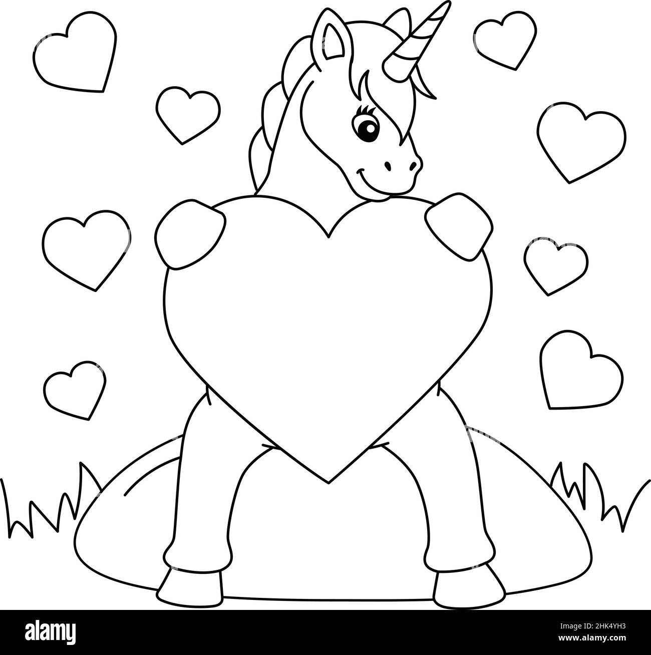 Unicorn with a heart coloring page for kids stock vector image art