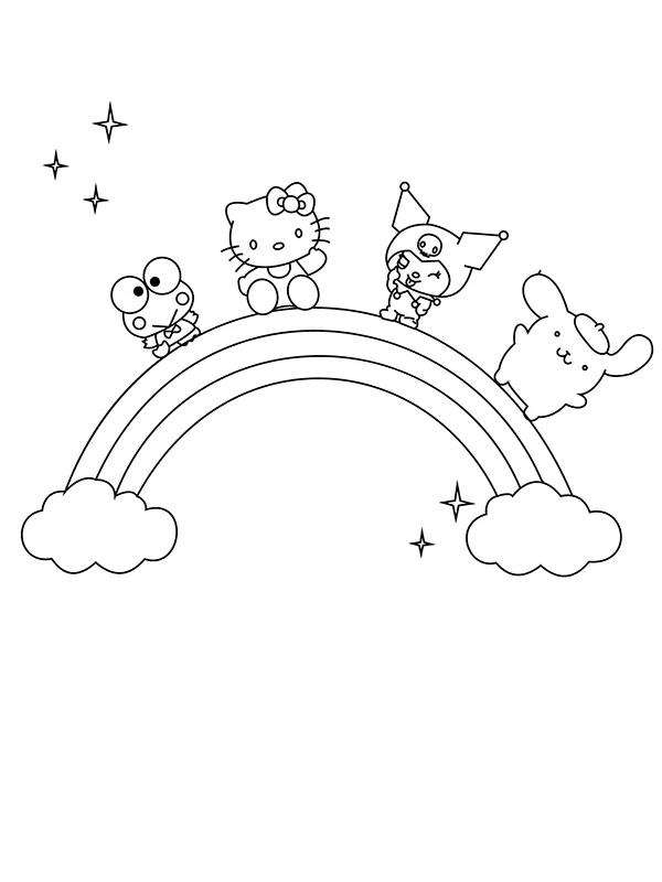 Hello kitty and friends on rainbow coloring page