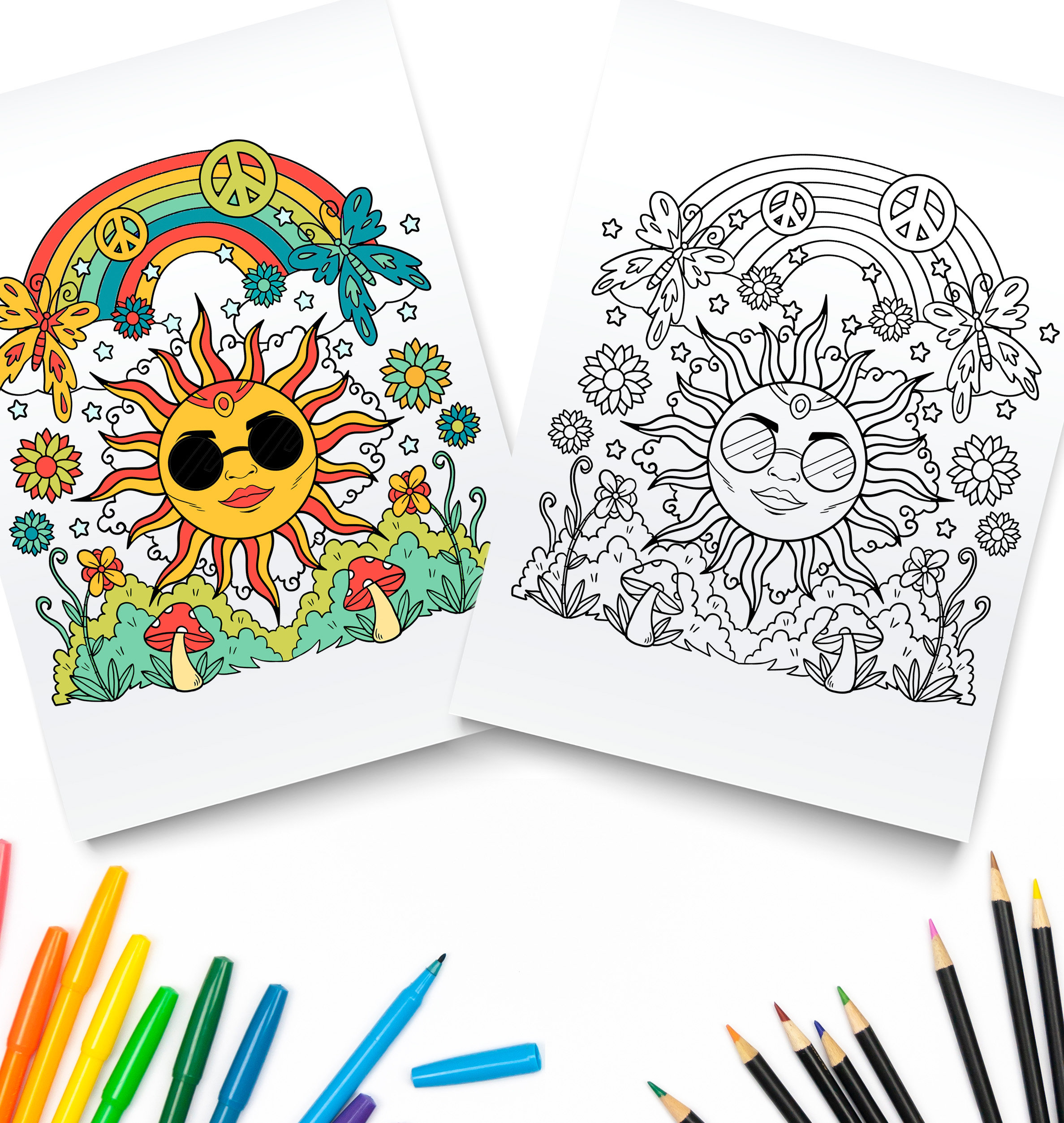 Hippie printable coloring pages sun rainbow digital download trippy coloring book instant download