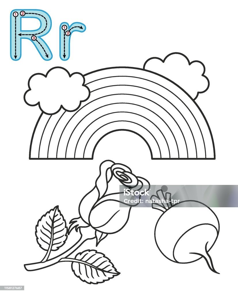 Letter r rose radish rainbow vector coloring book alphabet printable coloring page for kindergarten and preschool stock illustration