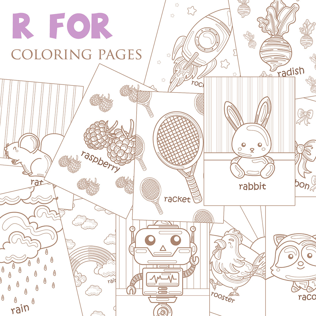 Alphabet r for vocabulary school lesson rocket robot rat rabbit radish ribbon racoon racket rainbow raspberry rain rooster cartoon coloring for kids and adult