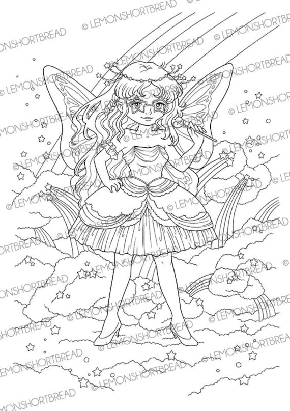 Printable colouring page fairy godsister fantasy anime girl art rainbow stars magic clouds