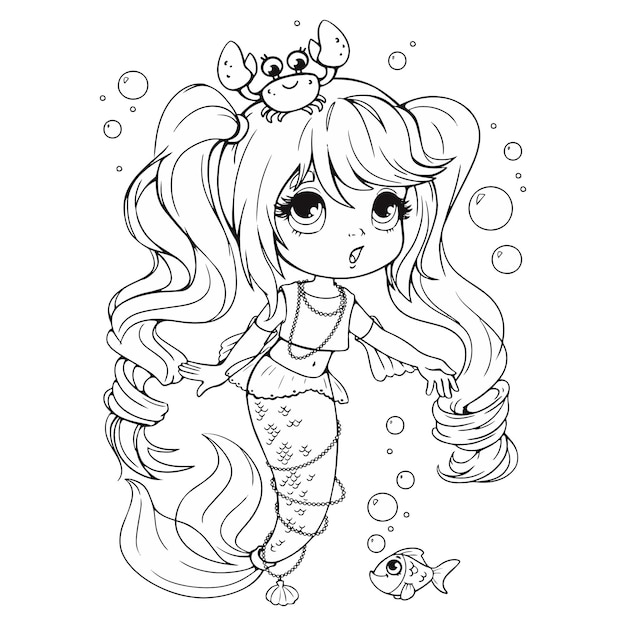 Cute little mermaid with a crab on her head coloring page free printable