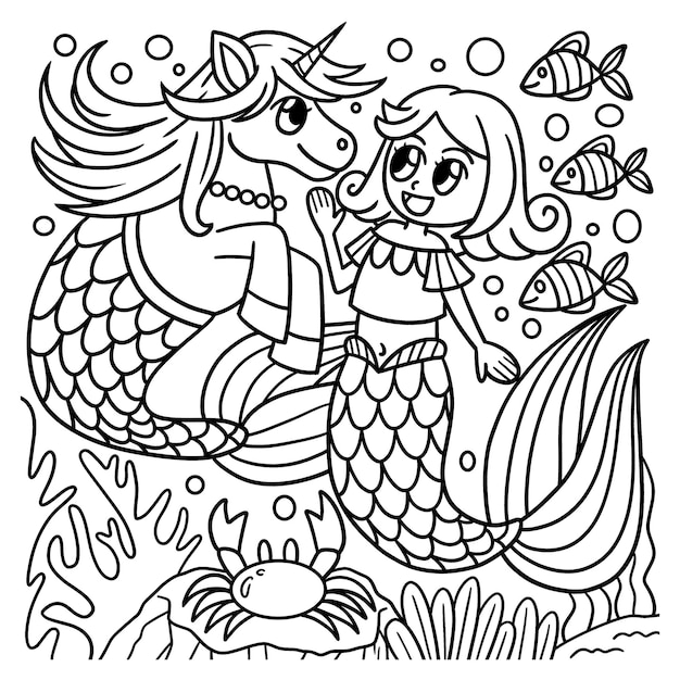 Premium vector mermaid with unicorn coloring page for kids