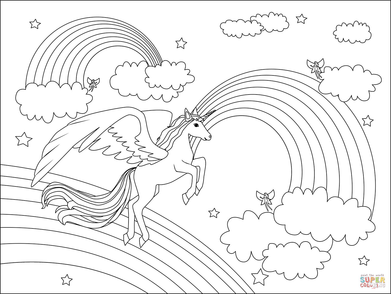 Winged unicorn and rainbow coloring page free printable coloring pages