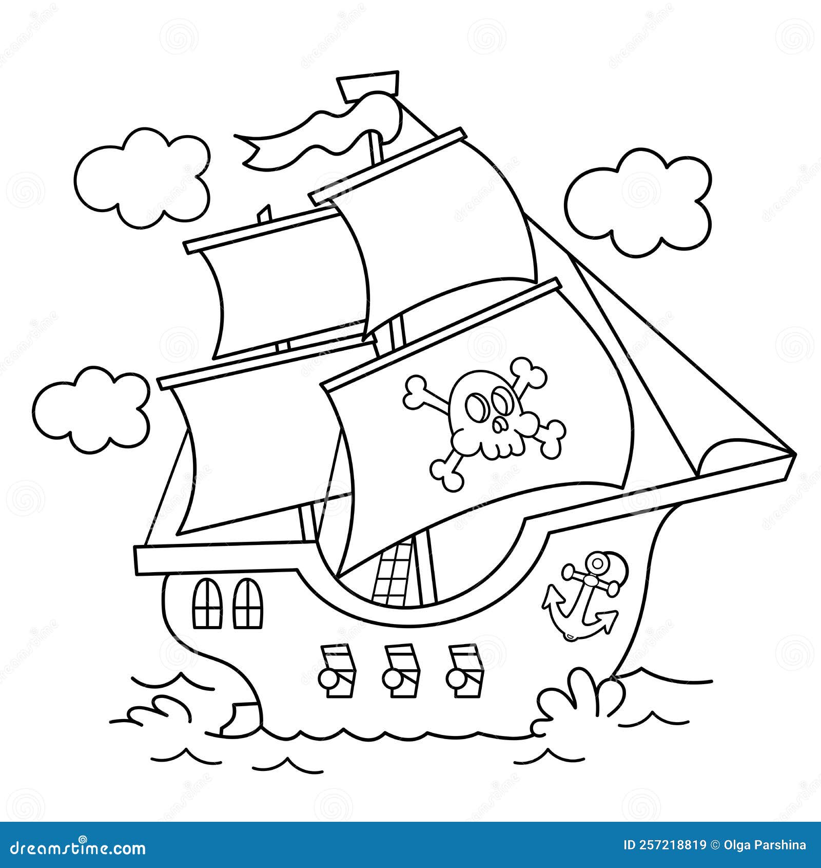 Coloring page outline of cartoon pirate ship sailboat with black sails with skull in sea drawing stock vector