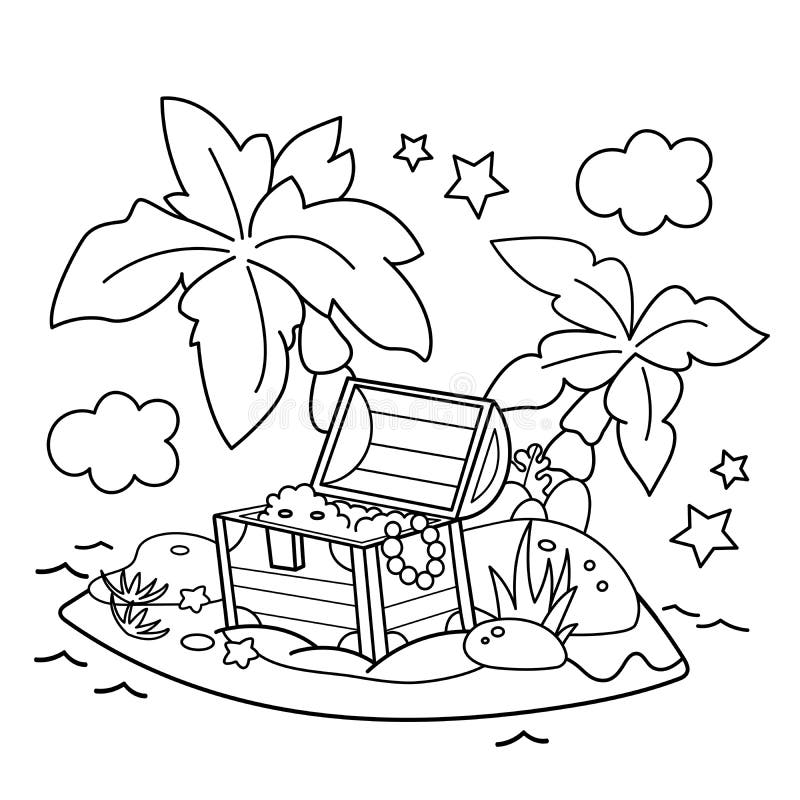 Coloring page outline of cartoon island of treasure coloring book for kids stock vector