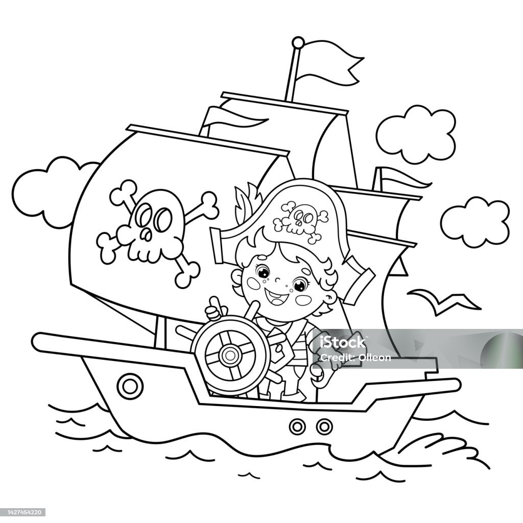 Coloring page outline of cartoon pirate on pirate ship or sailboat with black sails with skull in sea coloring book for kids stock illustration