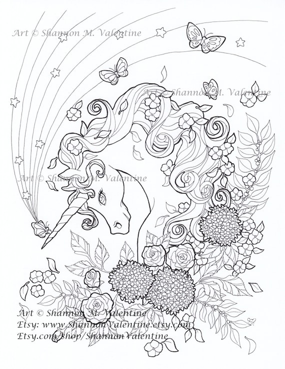 Printable coloring page instant digital download unicorn magic rainbow butterflies flowers