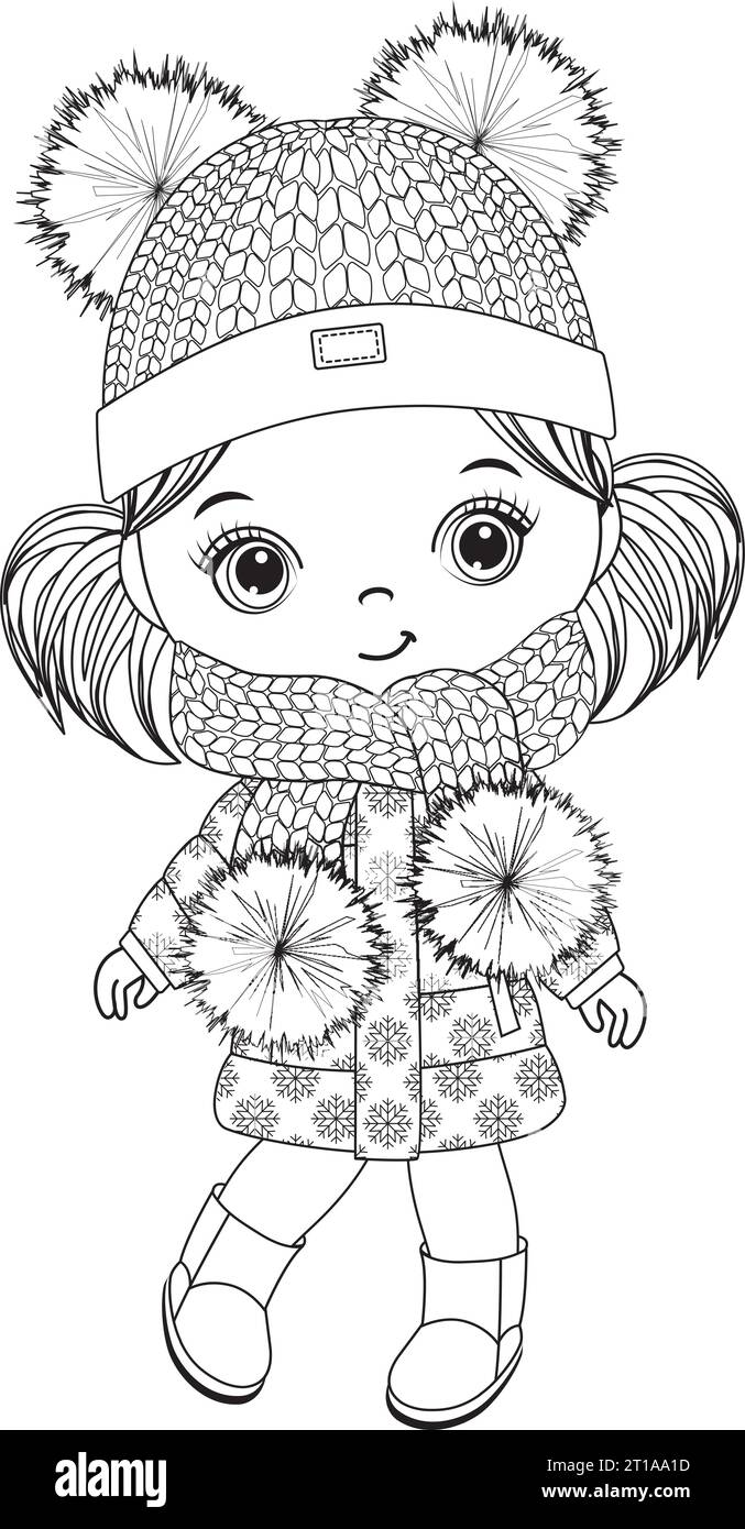 Vector black and white cute little girl in winter outfit for colouring stock vector image art