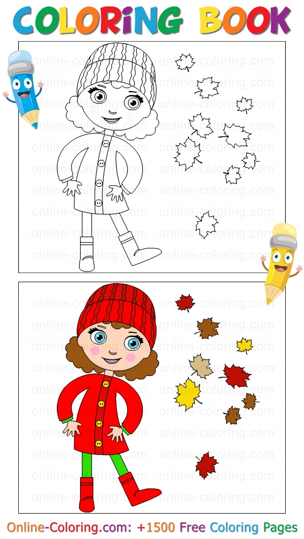 Girl walking under the falling autumn leaves free online coloring page