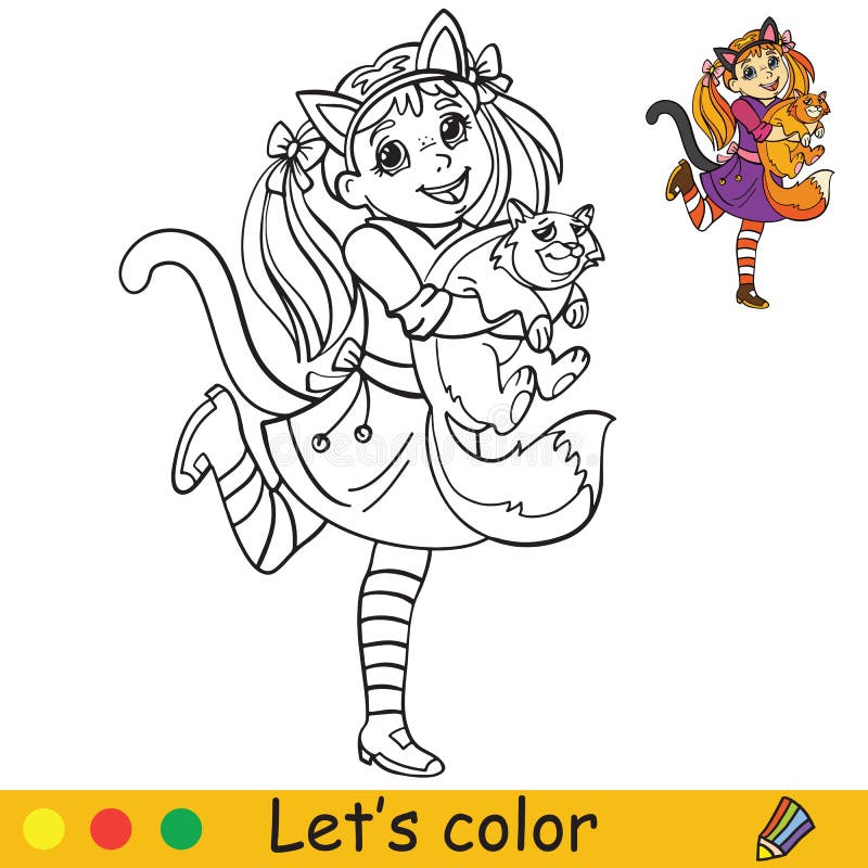 Halloween coloring with colored example lady cat stock vector