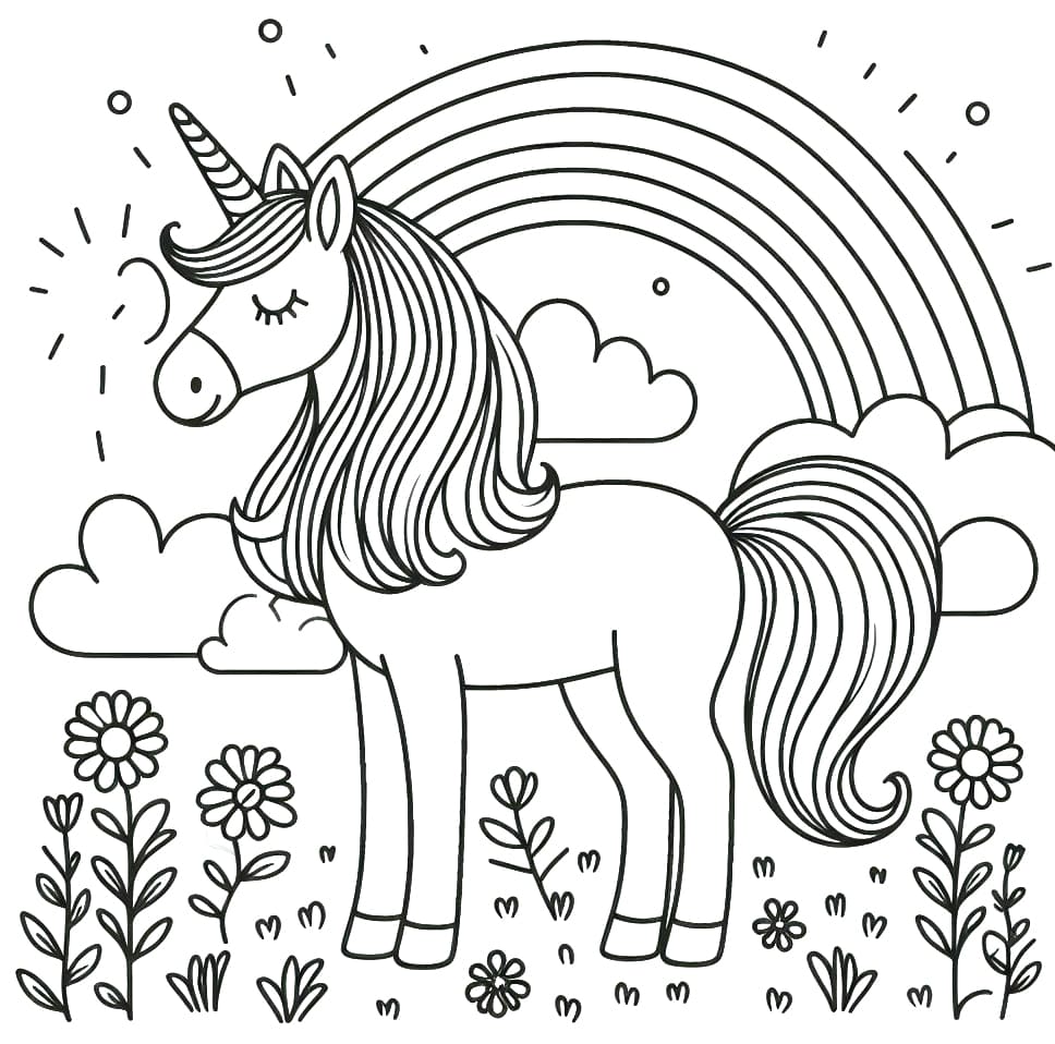 Unicorn with rainbow and flowers coloring page