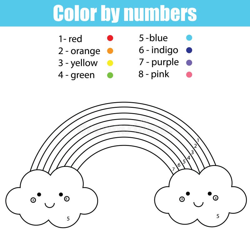 Coloring page with cute kawaii rainbow color by numbers stock vector