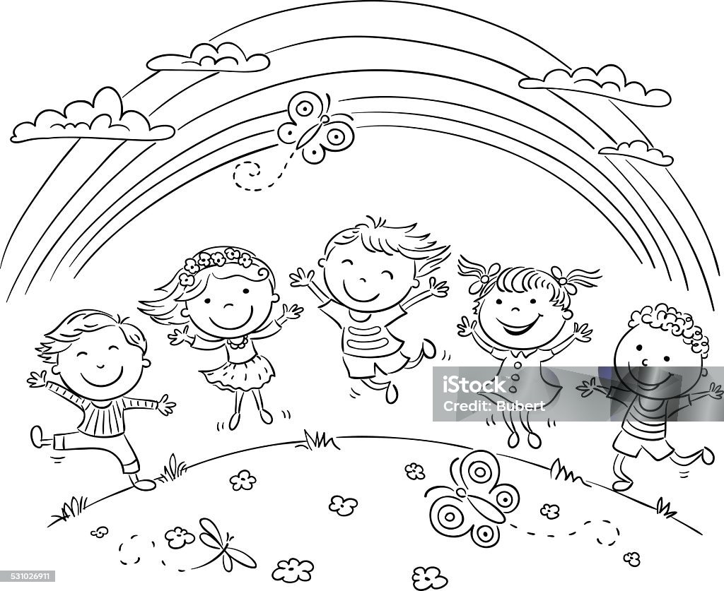 Kids jumping with joy on a hill under rainbow stock illustration