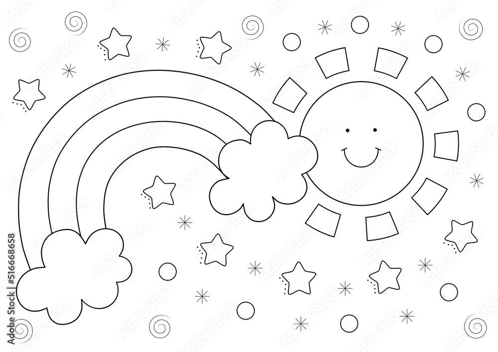 Simple coloring page for kids of a rainbow and a sun cute and easy design that you can print on standard a paper illustration