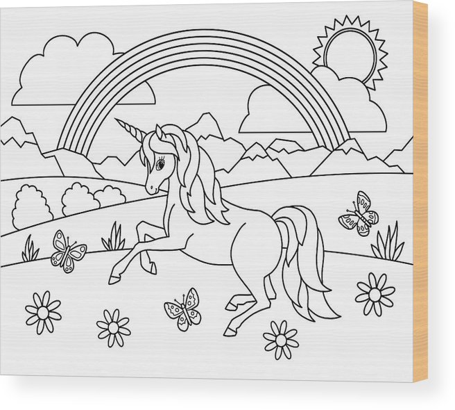 Kids rainbow unicorn coloring page wood print by crista forest