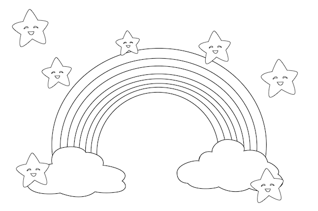 Premium vector cartoon outlined rainbow and stars illustration with black stroke line coloring page for kids