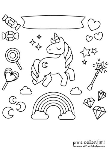 Unicorn with rainbow stars and candy coloring page