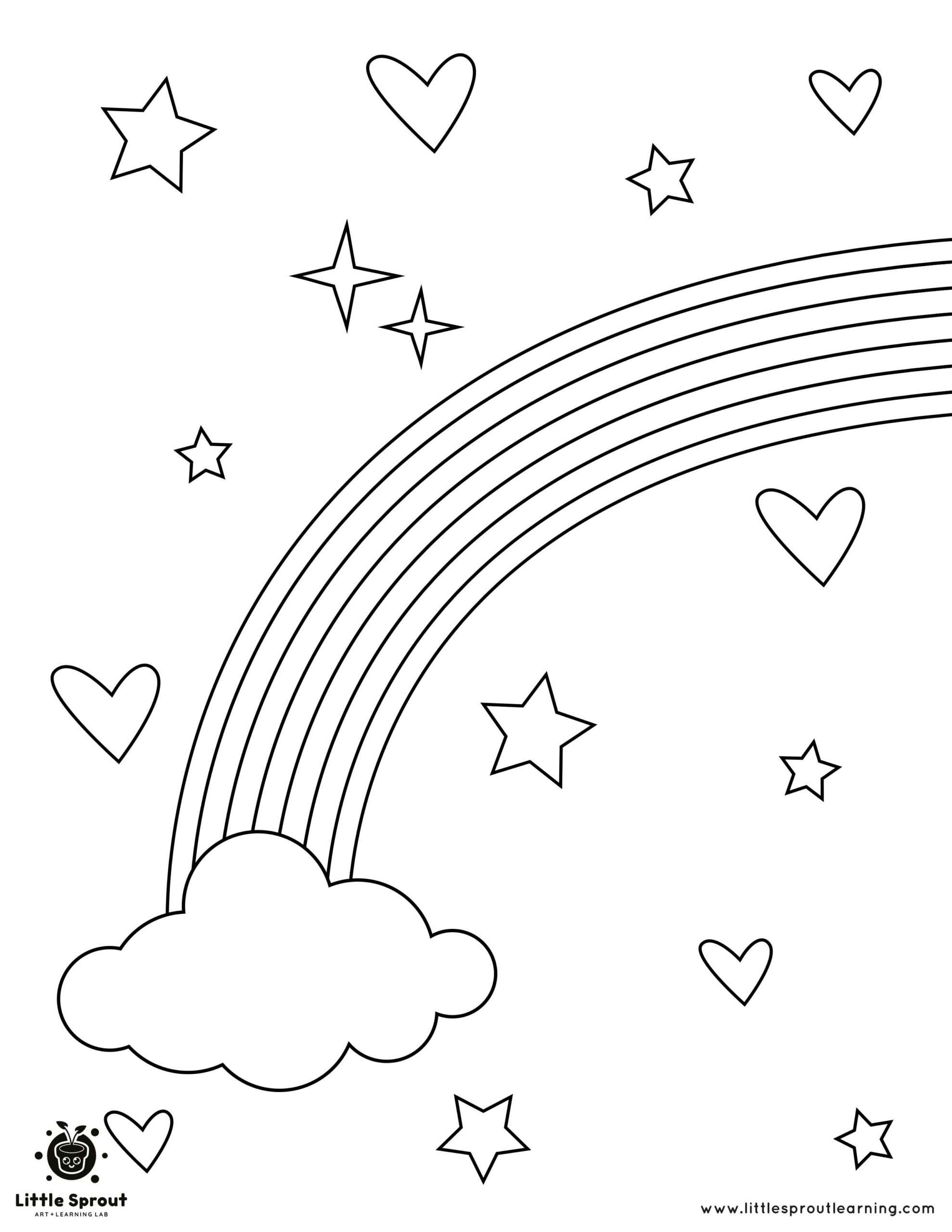 Hearts and stars and a rainbow coloring page