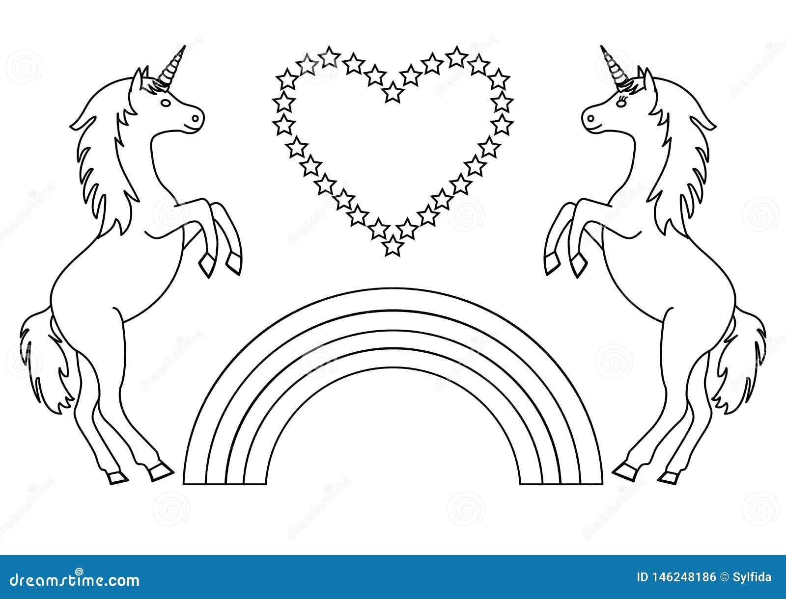 Couple unicorns with rainbow and heart with stars coloring page for children stock illustration