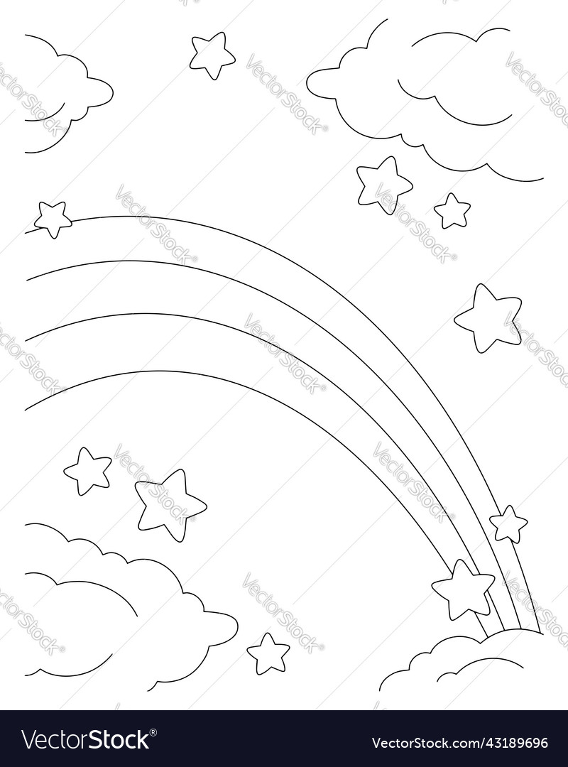 Scene with rainbow cloud and stars coloring book vector image