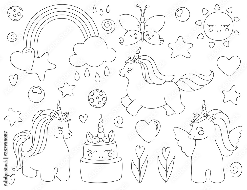 Unicorn with rainbow stars sun flowers and cake vector artwork black and white coloring book pages for adults and kids for print vector