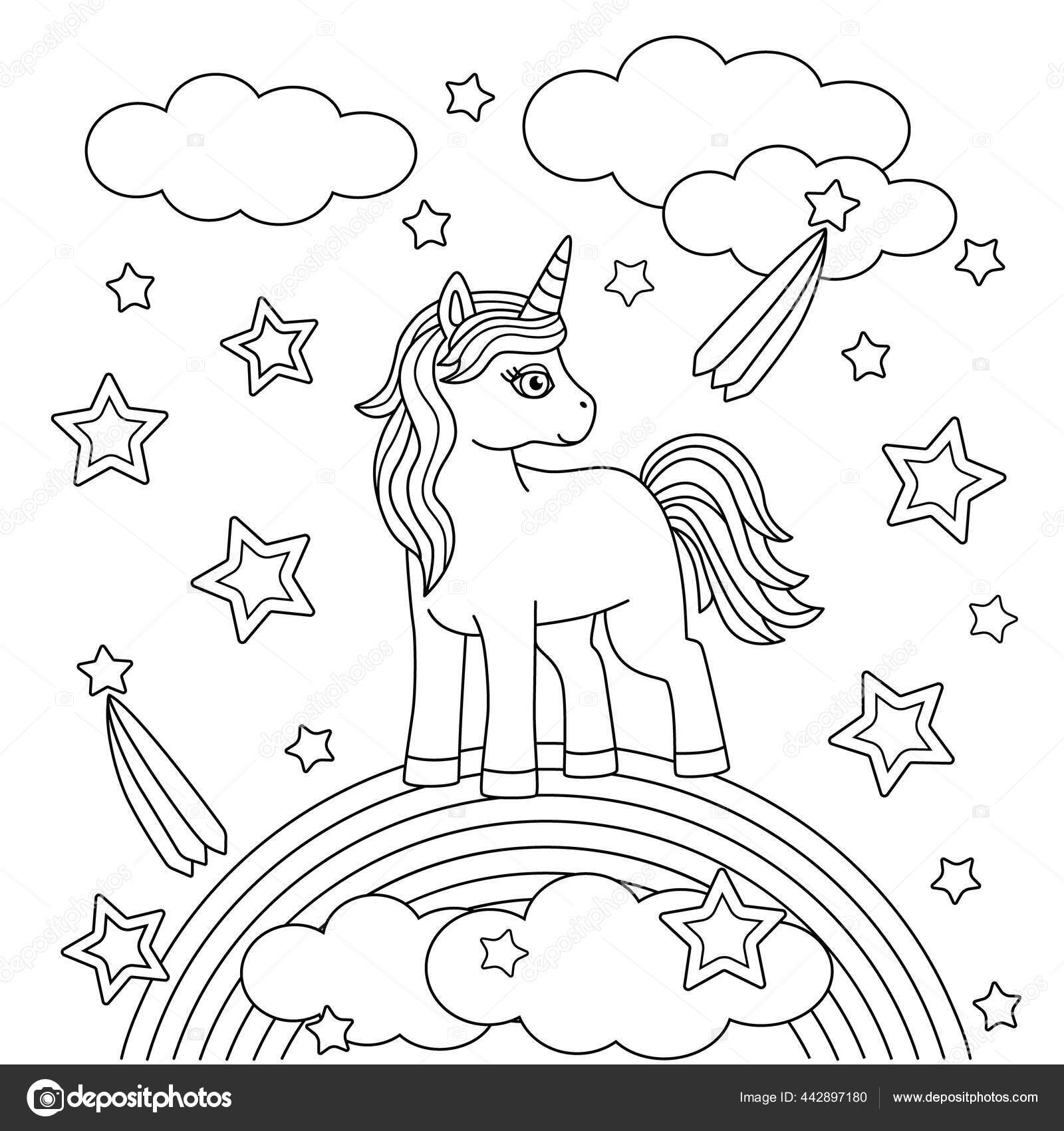 Coloring book kids cute unicorn rainbow ponies stars clouds childrens stock vector by chpchilloutgmail