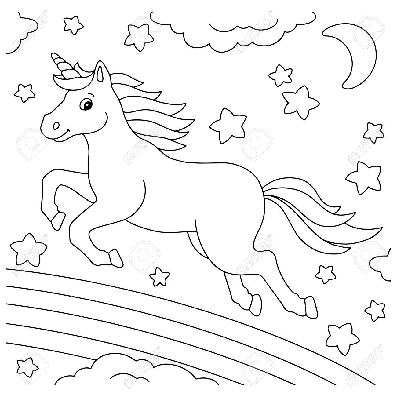 Fairytale sky with rainbow stars and clouds coloring book page for kids cartoon style character vector illustration isolated on white background free vector and graphic