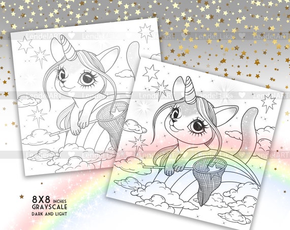 Coloring page unicorn rainbow stars printable coloring sheets girls birthday favour cute animals grayscale art digital jpg download now