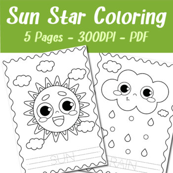 Star moon sun rain rainbow coloring pages for adults and children pages