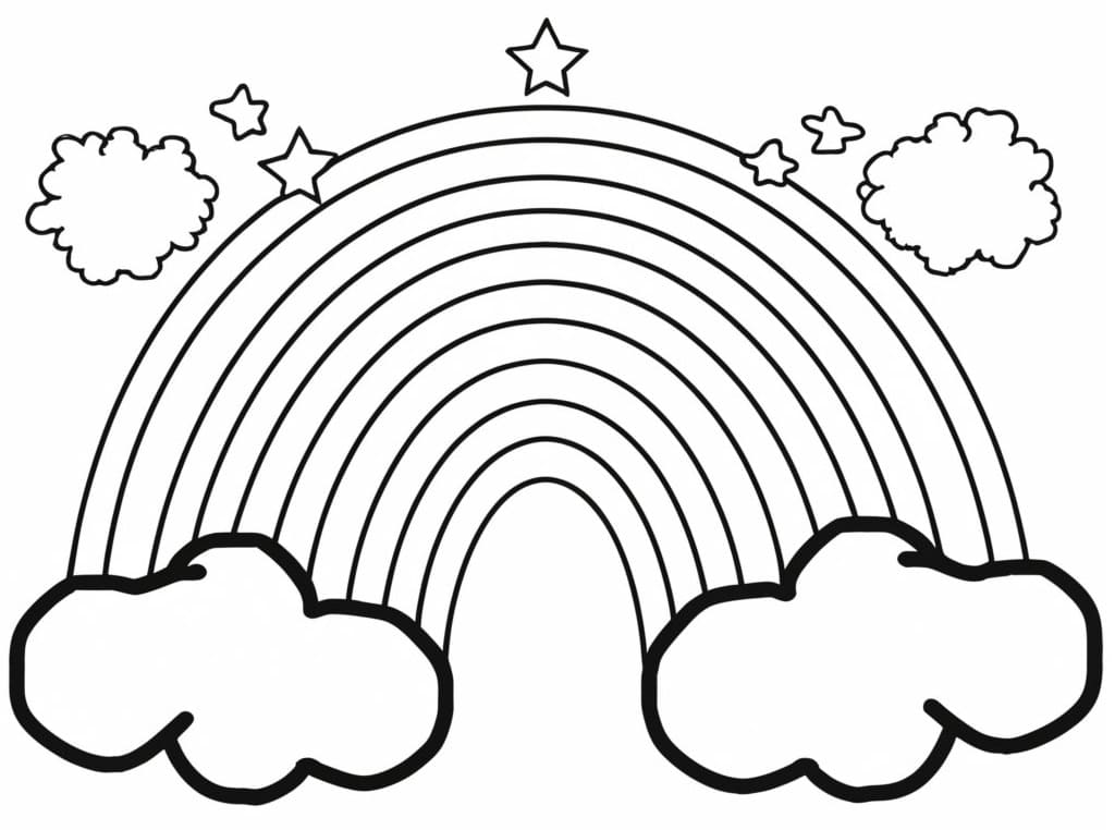 Rainbow with clouds and stars coloring page