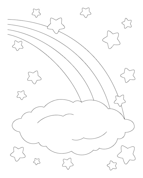 Premium vector scene with rainbow cloud and stars coloring book page for kids cartoon style character