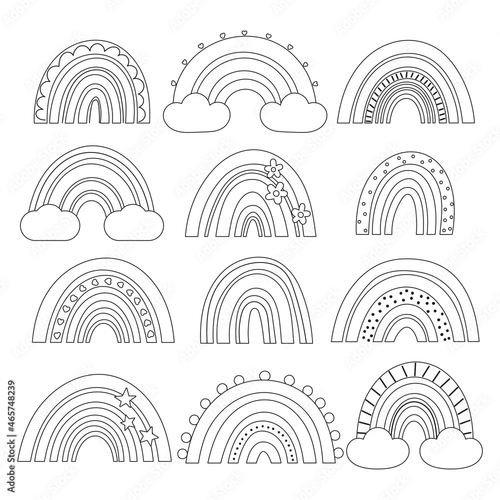 Coloring page with boho style rainbows hand drawn doodle rainbow clouds stars flowers black and white outline vector illustration vector