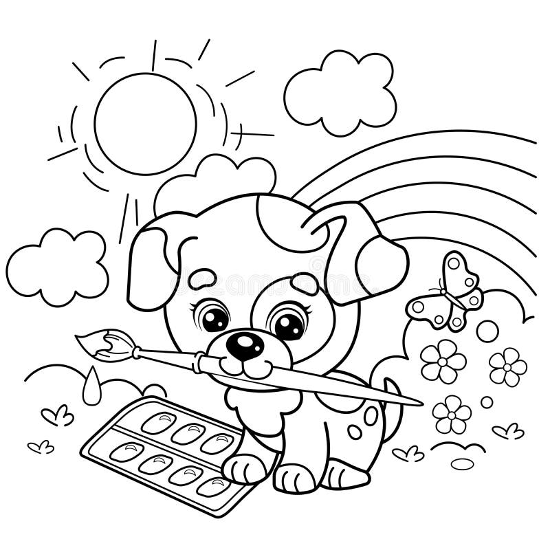 Coloring page outline of cartoon little dog with brush and paints cute puppy artist summer day with rainbow stock vector