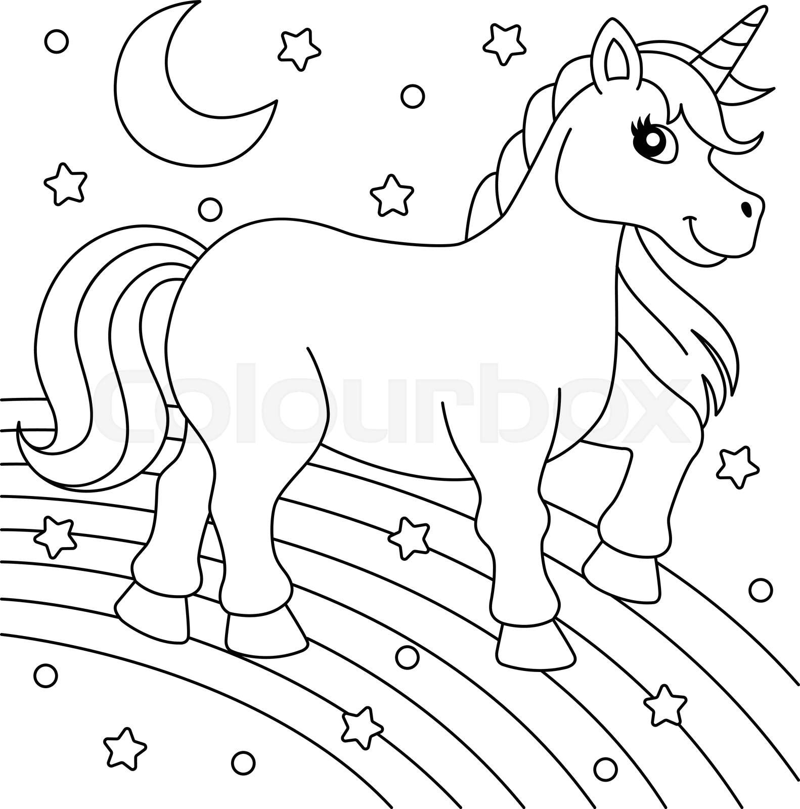 Unicorn walking on the rainbow coloring page stock vector
