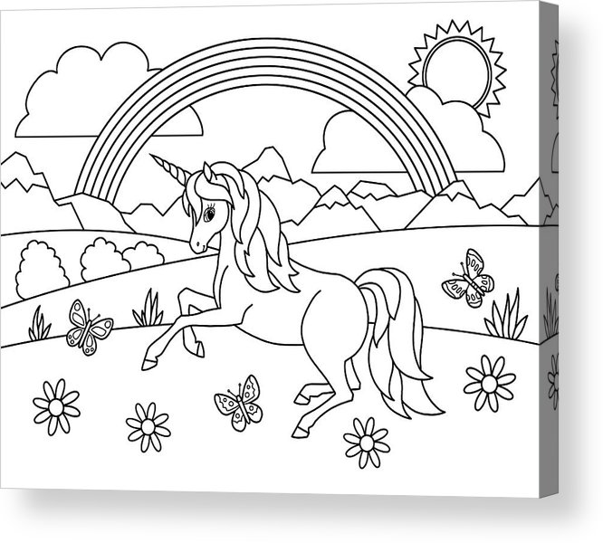 Kids rainbow unicorn coloring page acrylic print by crista forest