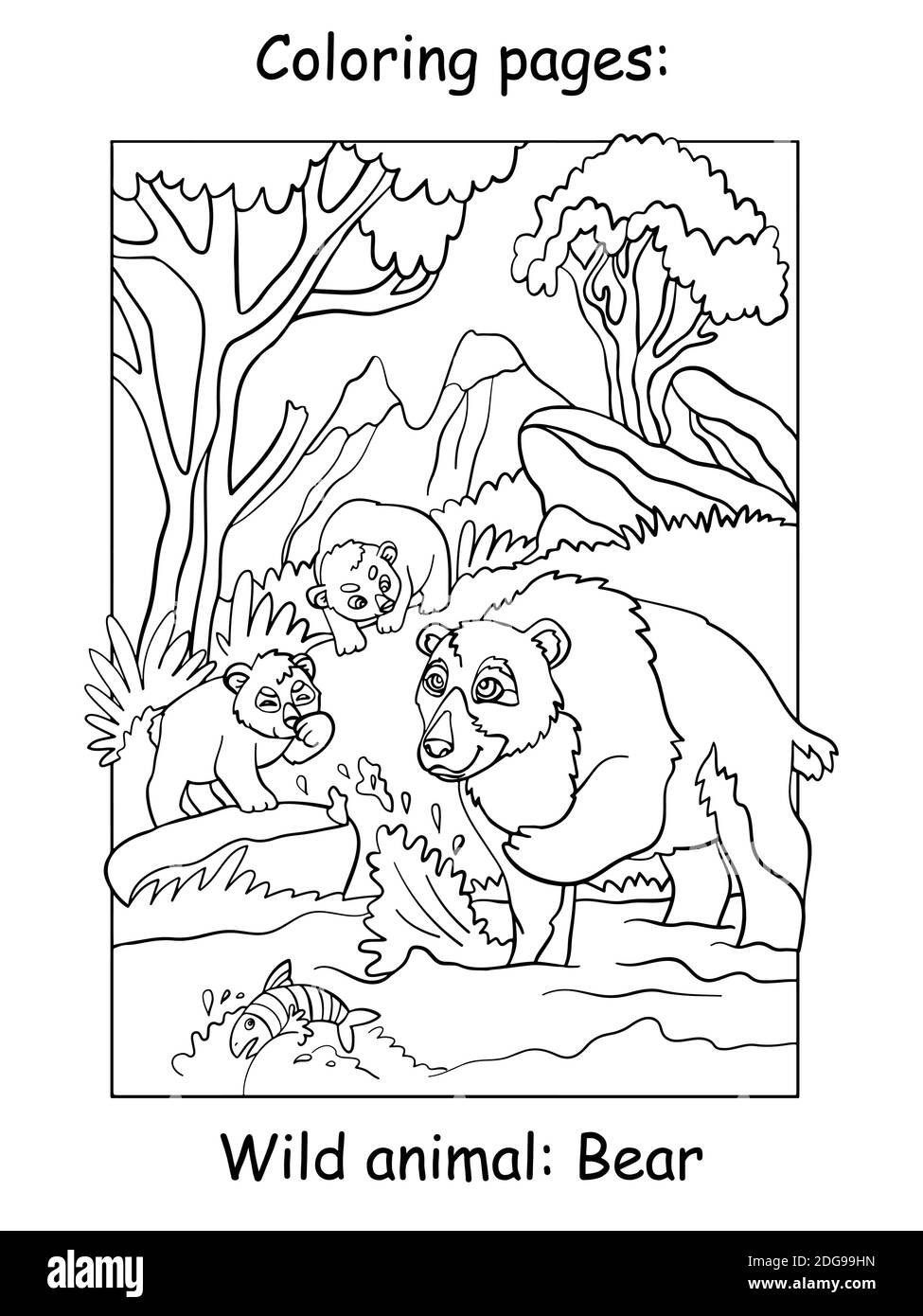 Vector coloring pages with cute bear mom and two cubs in mountain cartoon contour illustration isolated on white background stock illustration for c stock vector image art