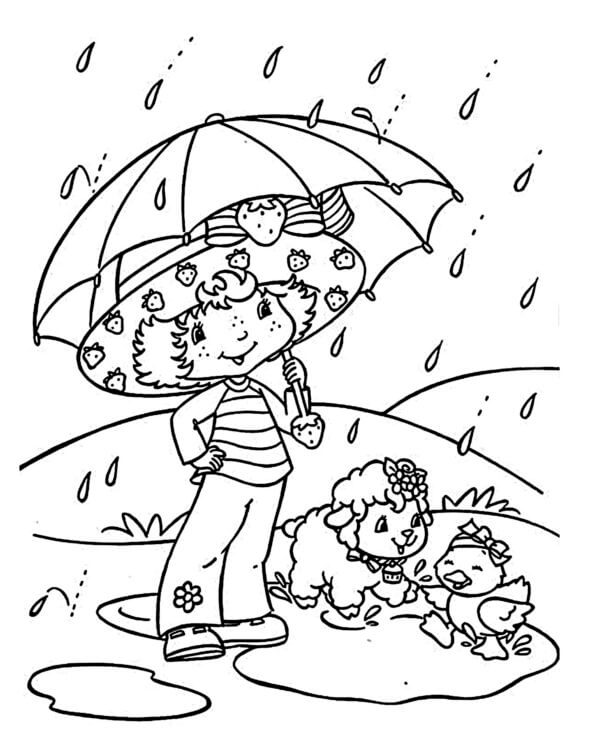 A boy with pets hide from the rain coloring page