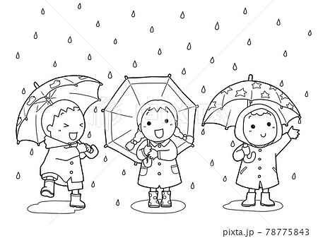 Coloring of children taking a walk on a rainy day